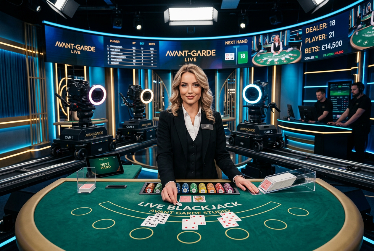 A high-tech live casino studio with cameras and a professional dealer
