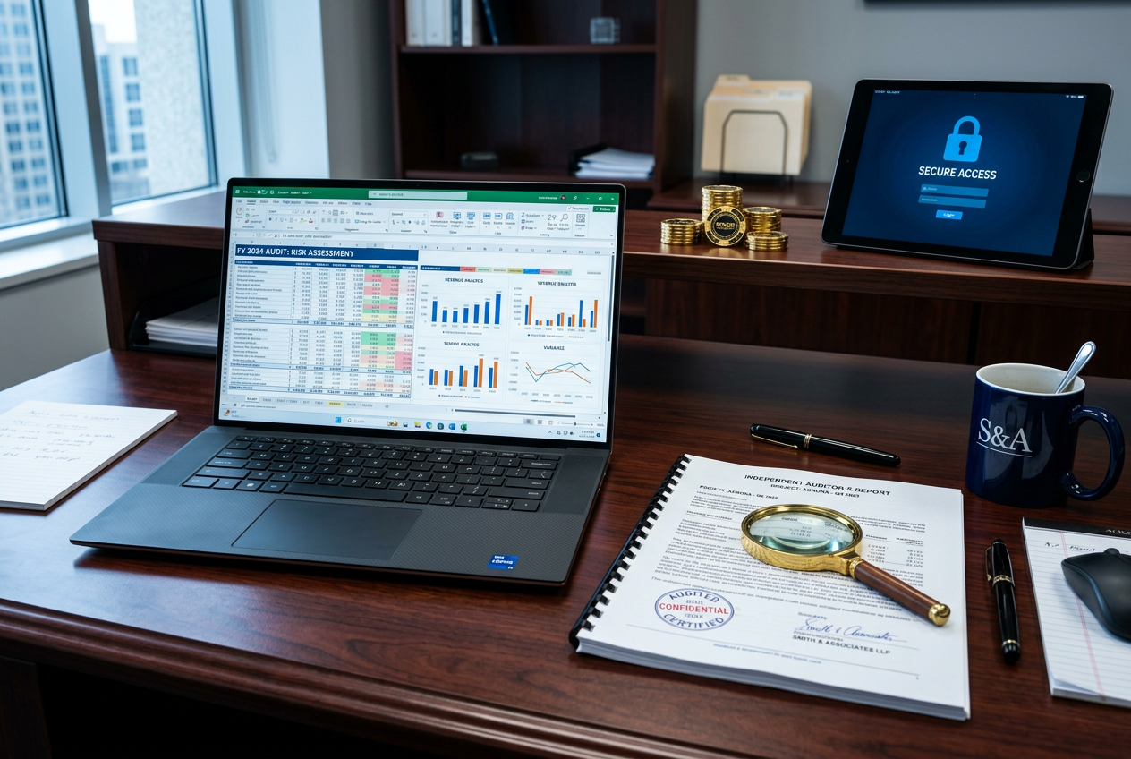 A professional auditor's desk with data charts and a magnifying glass over digital casino icons.
