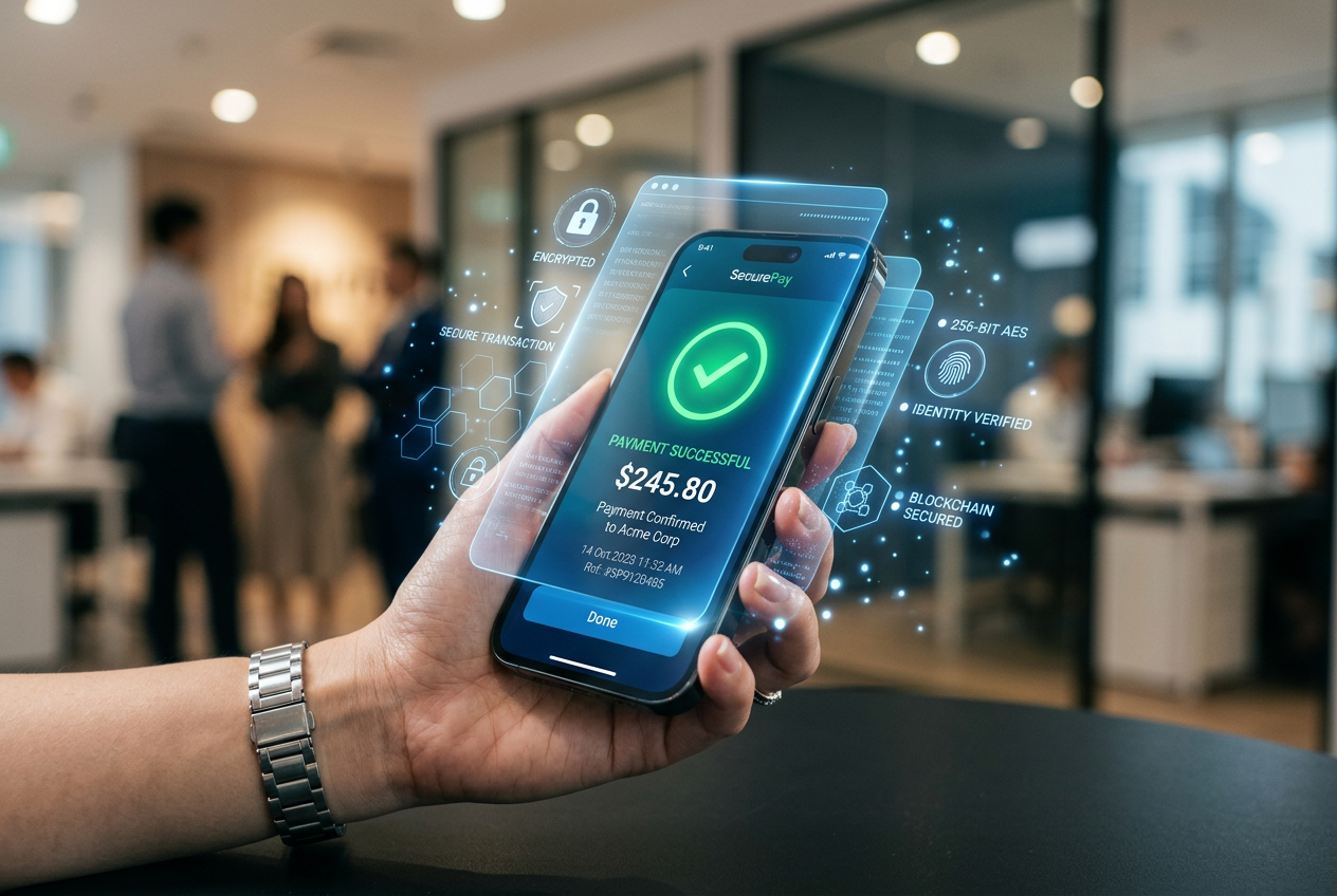 A smartphone showing a successful mobile payment confirmation with secure holographic overlays.