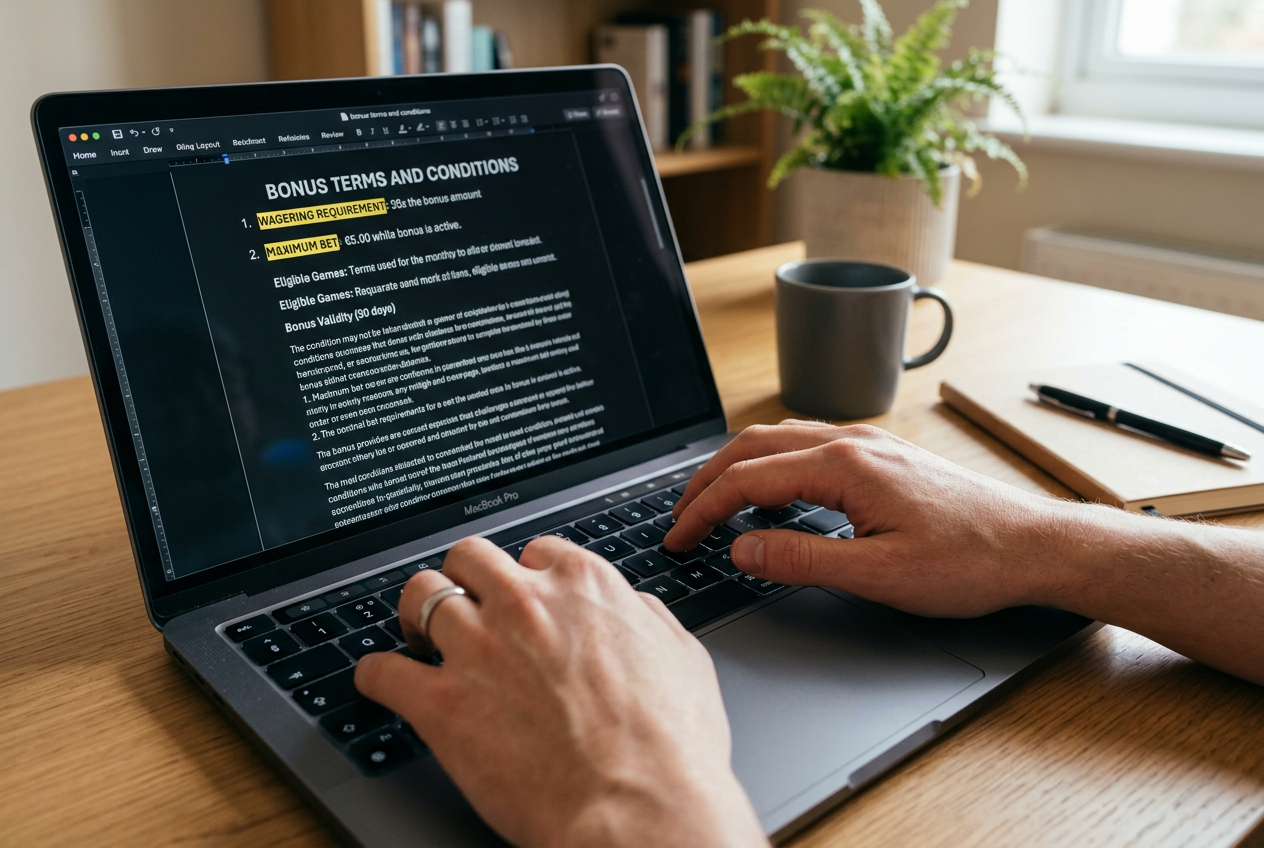 Close-up of a person reviewing online casino bonus terms on a laptop.