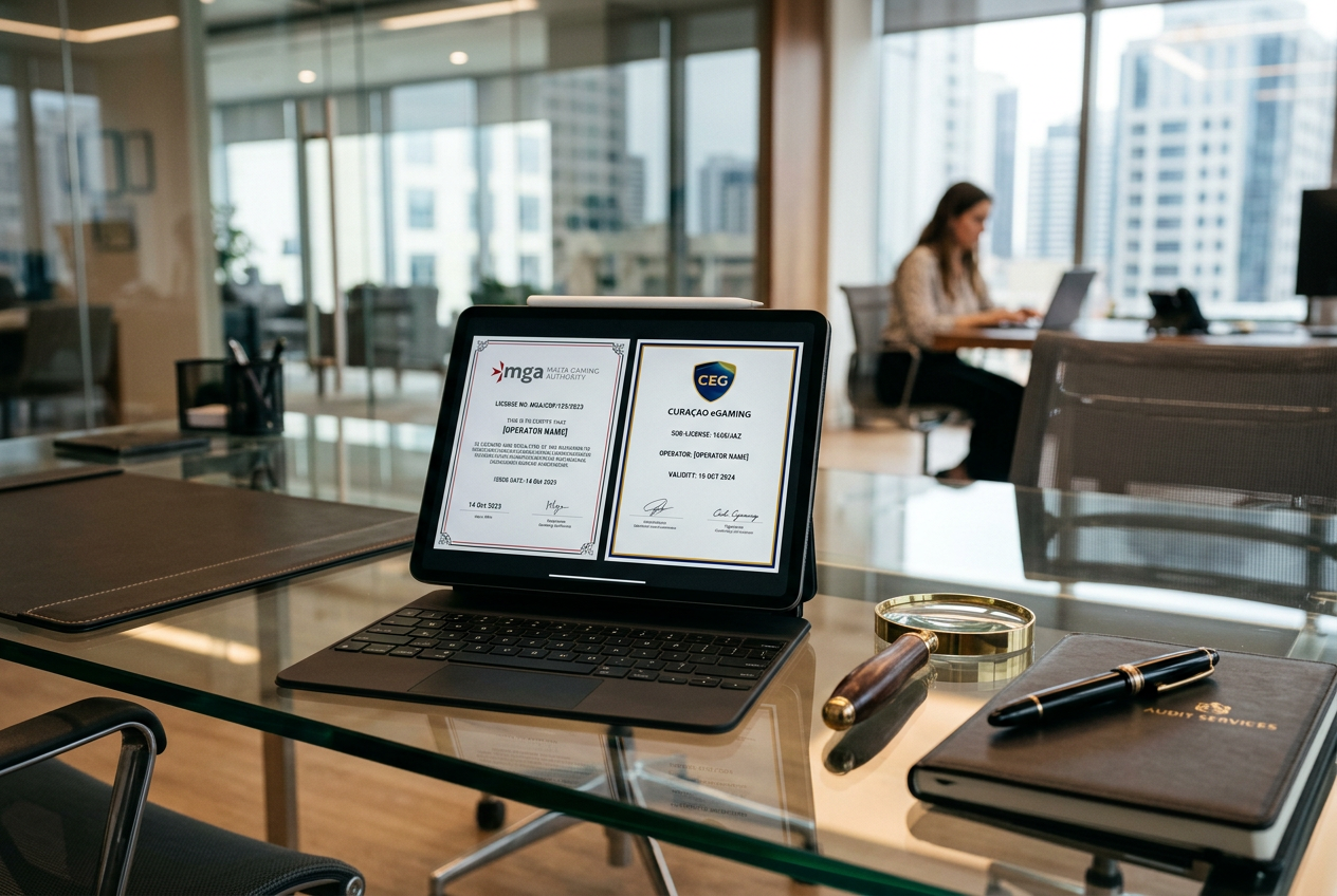 Official gambling license certificates from MGA and Curacao on a digital tablet.